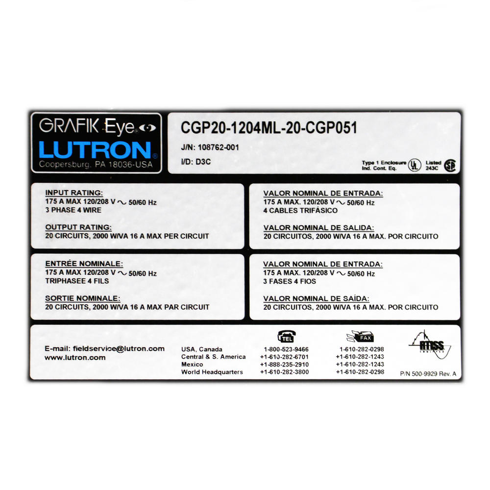 LUTRON CGP20-1204ML-20-CGP051 GRAFIK-EYE GP20 20-ZONE LIGHTING CONTROL PANEL