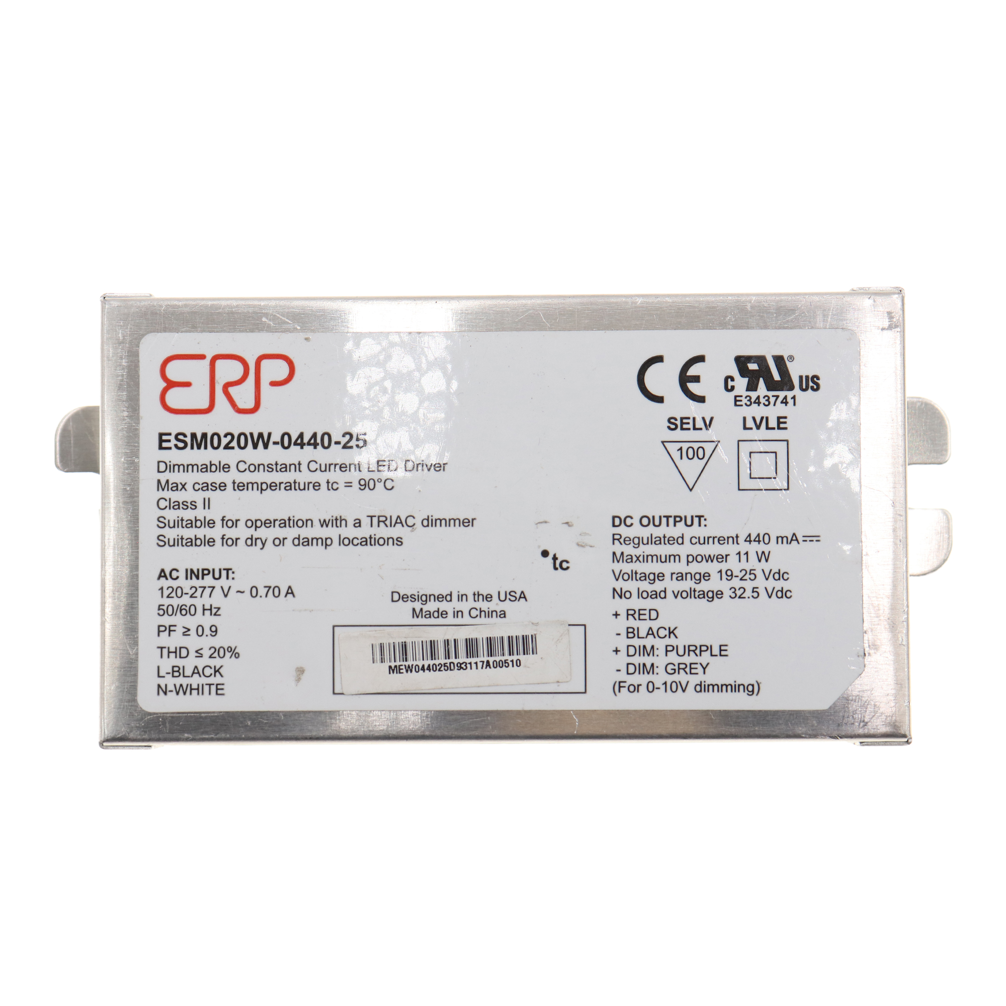 ERP Power ERP ESM020W-0440-25 DIMMABLE CONSTANT CURRENT LED DRIVER, 11W 440MA, 19-25VDC