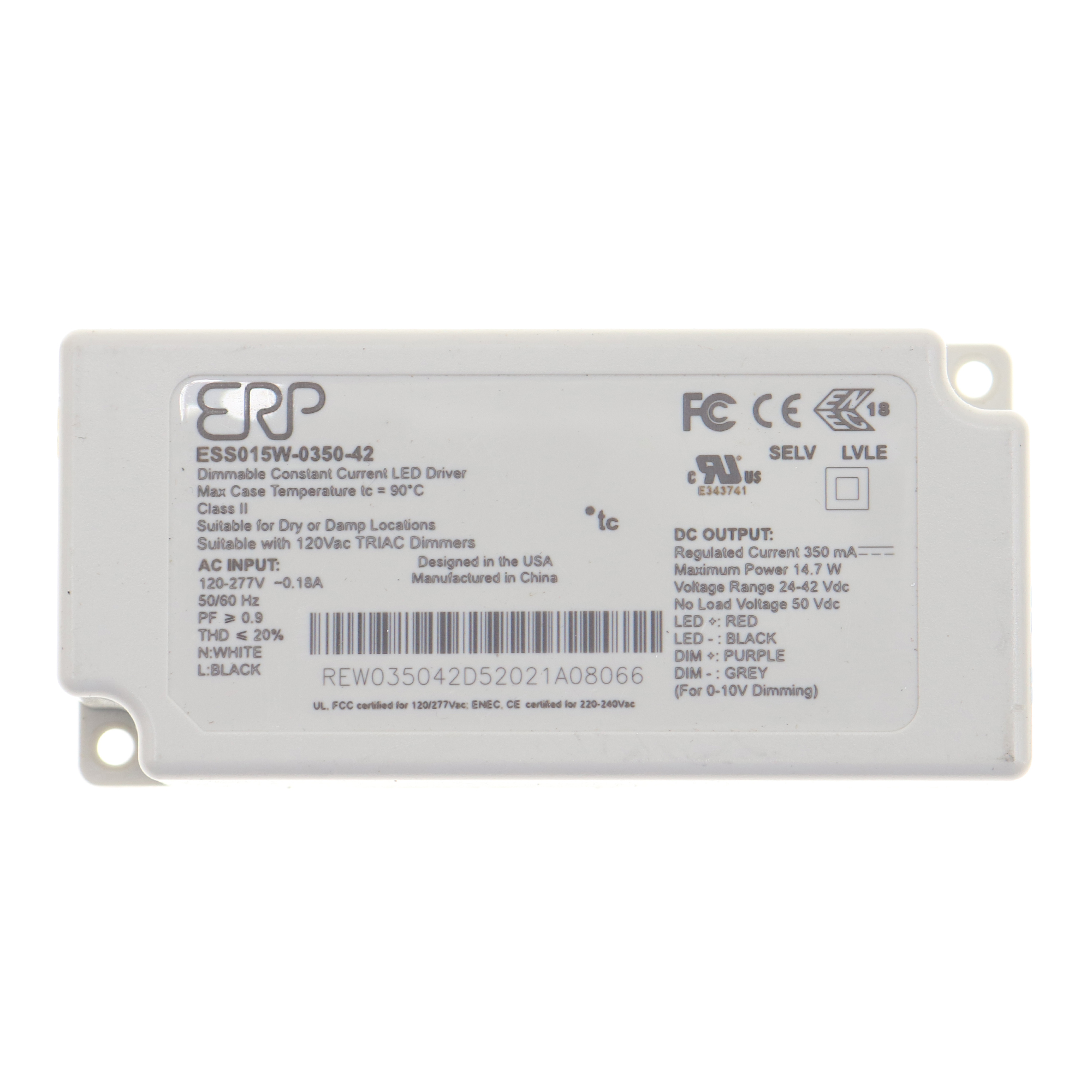 ERP Power ERP ESS015W-0350-42 DIMMABLE CONSTANT CURRENT LED DRIVER, 15W 350MA, 24-42VDC