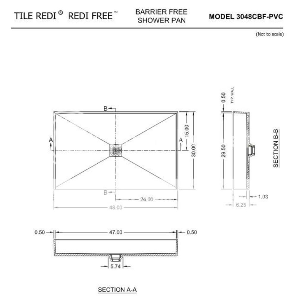 Tile Redi 3048CBF-PVC 30" D x 48" W Curbless Shower Pan with Center PVC Drain