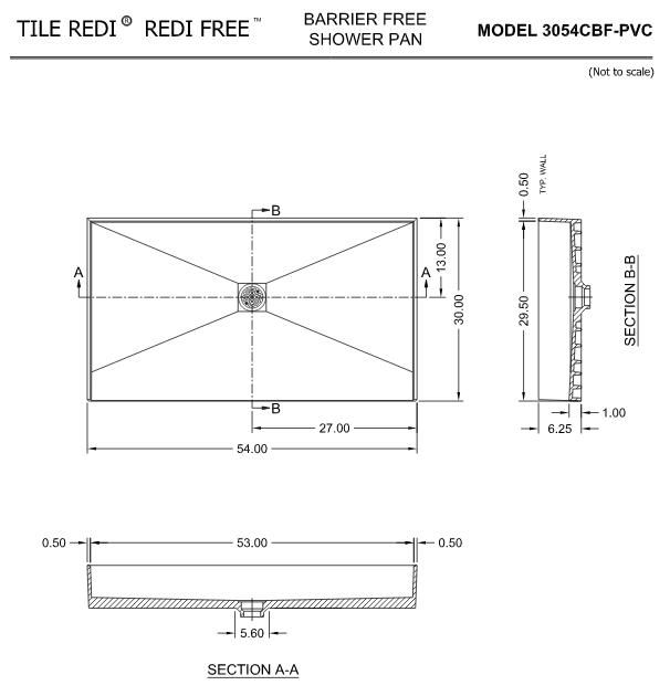 Tile Redi 3054CBF-PVC 30" D x 54" W Curbless Shower Pan with Center PVC Drain