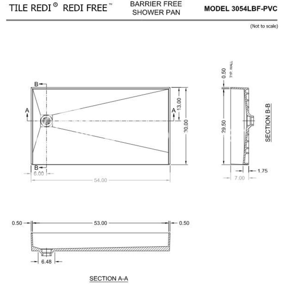 Tile Redi 3054LBF-PVC 30" D x 54" W Curbless Shower Pan with Left PVC Drain