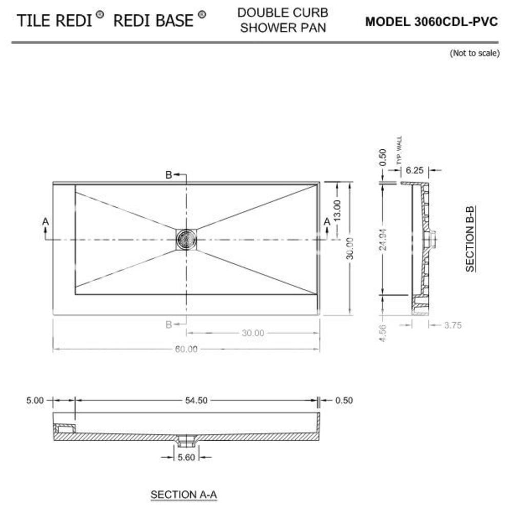 Tile Redi 3060CDL-PVC 30" D x 60" W Double Curb Shower Pan with Center PVC Drain