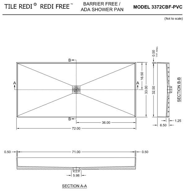 Tile Redi 3372CBF-PVC 33" D x 72" W Curbless Free Shower Pan with Center PVC Drain