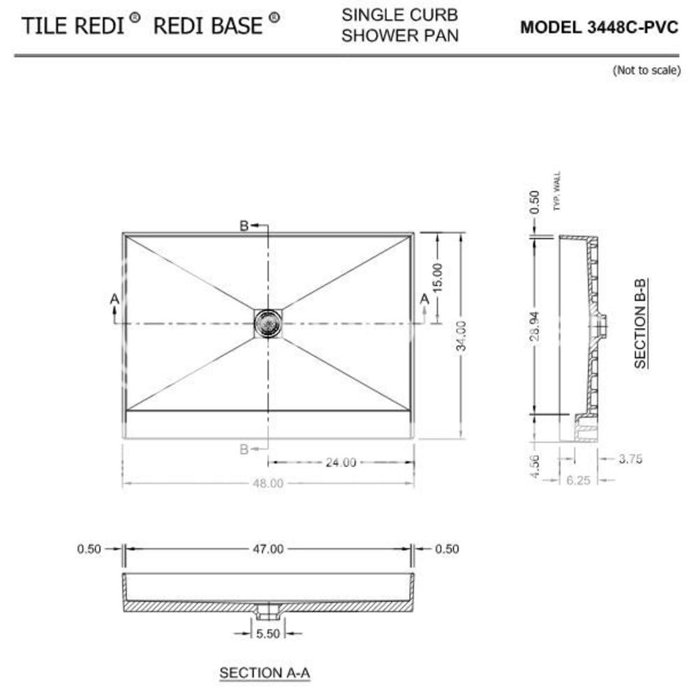 Tile Redi 3448C-PVC 34" D x 48" W Single Curb Shower Pan with Center PVC Drain
