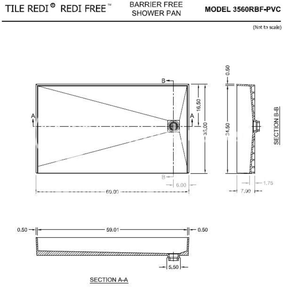 Tile Redi 3560RBF-PVC 35" D x 60" W Curbless Shower Pan with Right PVC Drain