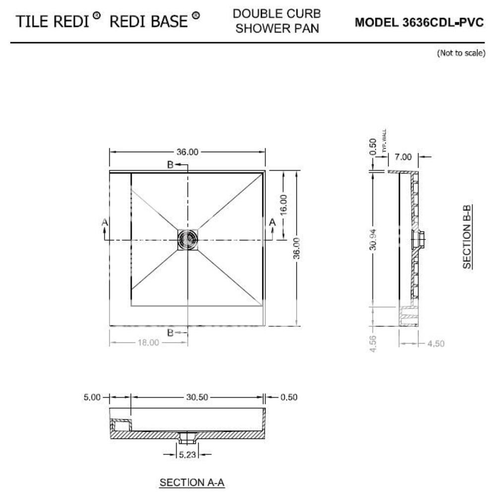 Tile Redi 3636CDL-PVC 36" D x 36" W Double Curb Shower Pan with Center PVC Drain