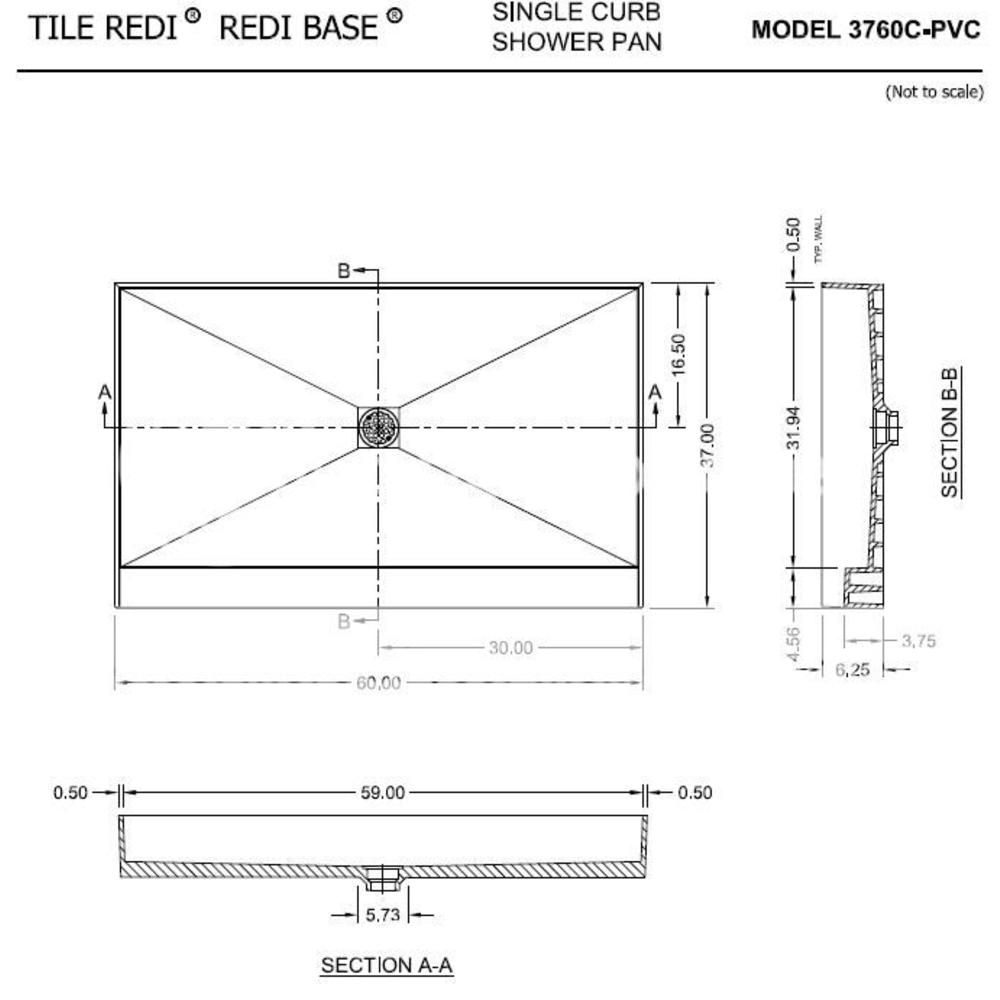 Tile Redi 3760C-PVC 37" D x 60" W Single Curb Shower Pan with Center PVC Drain