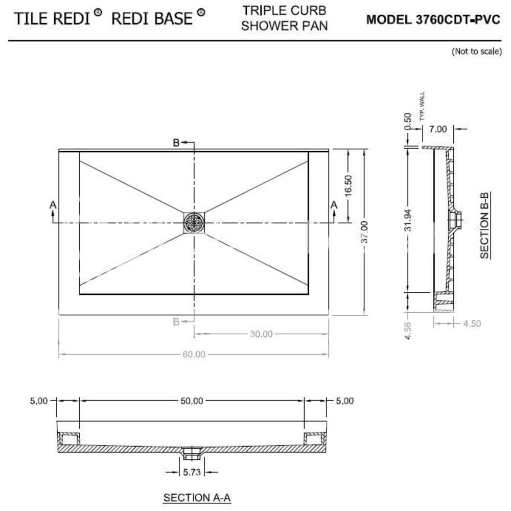 Tile Redi 3760CDT-PVC 37" D x 60" W Triple Curb Shower Pan Center PVC Drain