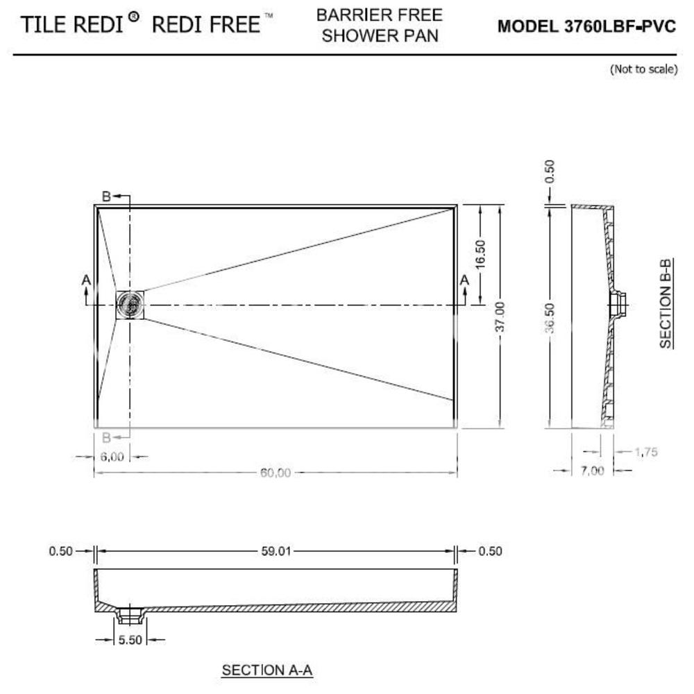 Tile Redi 3760LBF-PVC 37" D x 60" W Curbless Shower Pan with Left PVC Drain