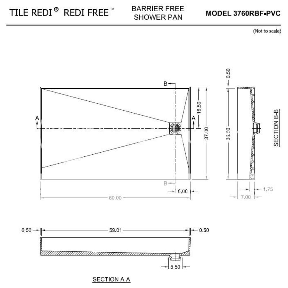 Tile Redi 3760RBF-PVC 37" D x 60" W Curbless Shower Pan with Right PVC Drain