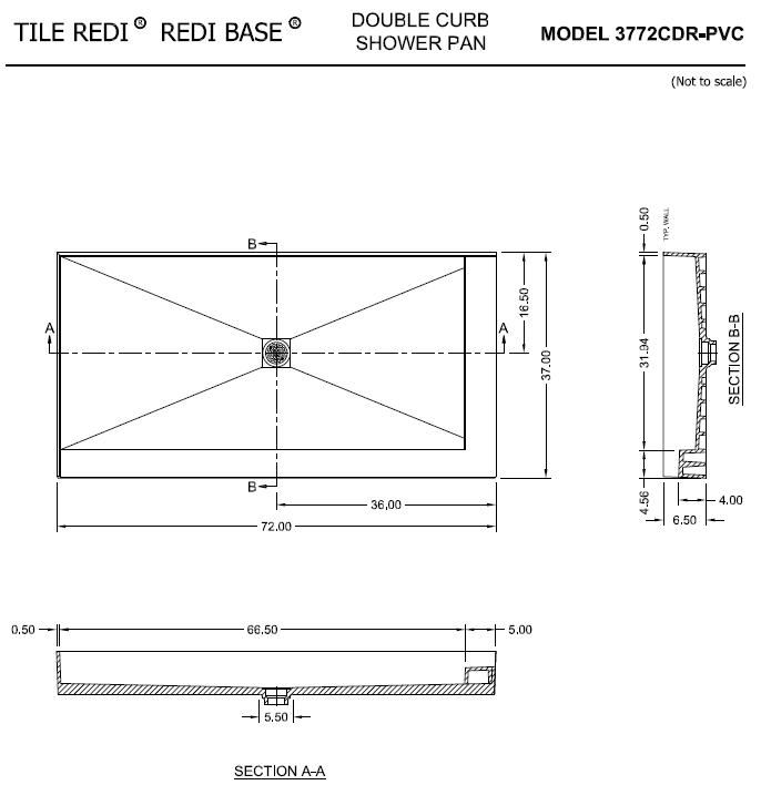Tile Redi 3772CDR-PVC 37" D x 72" W Double Curb Shower Pan with Center PVC Drain