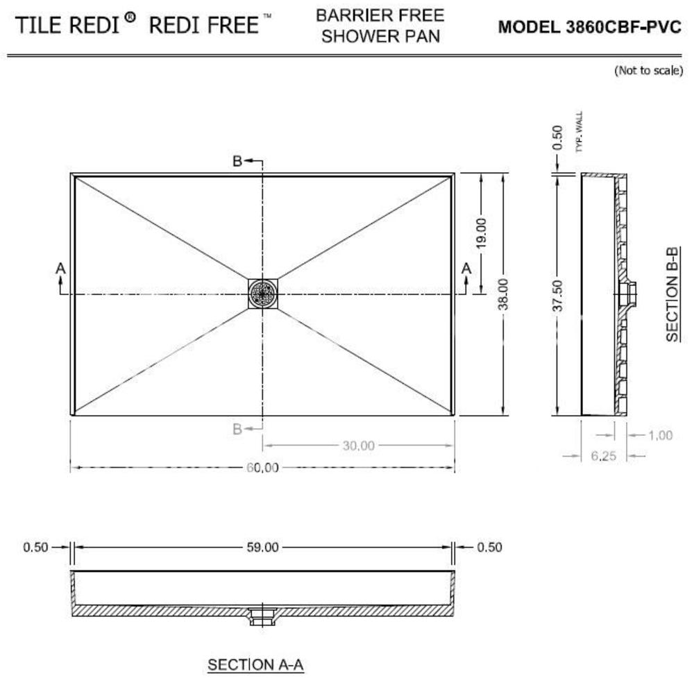 Tile Redi 3860CBF-PVC 38" D x 60" W Curbless Shower Pan with Center PVC Drain
