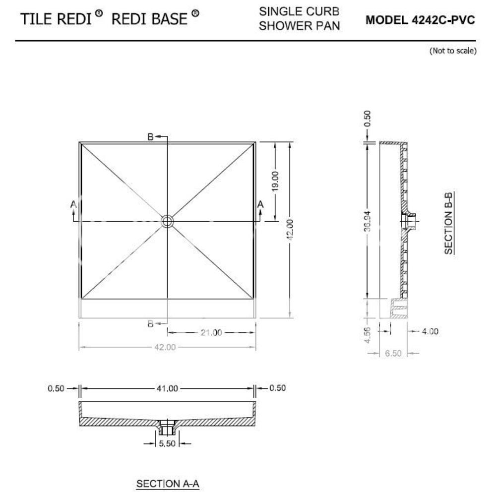 Tile Redi 4242C-PVC 42" D x 42" W Single Curb Shower Pan with Center PVC Drain