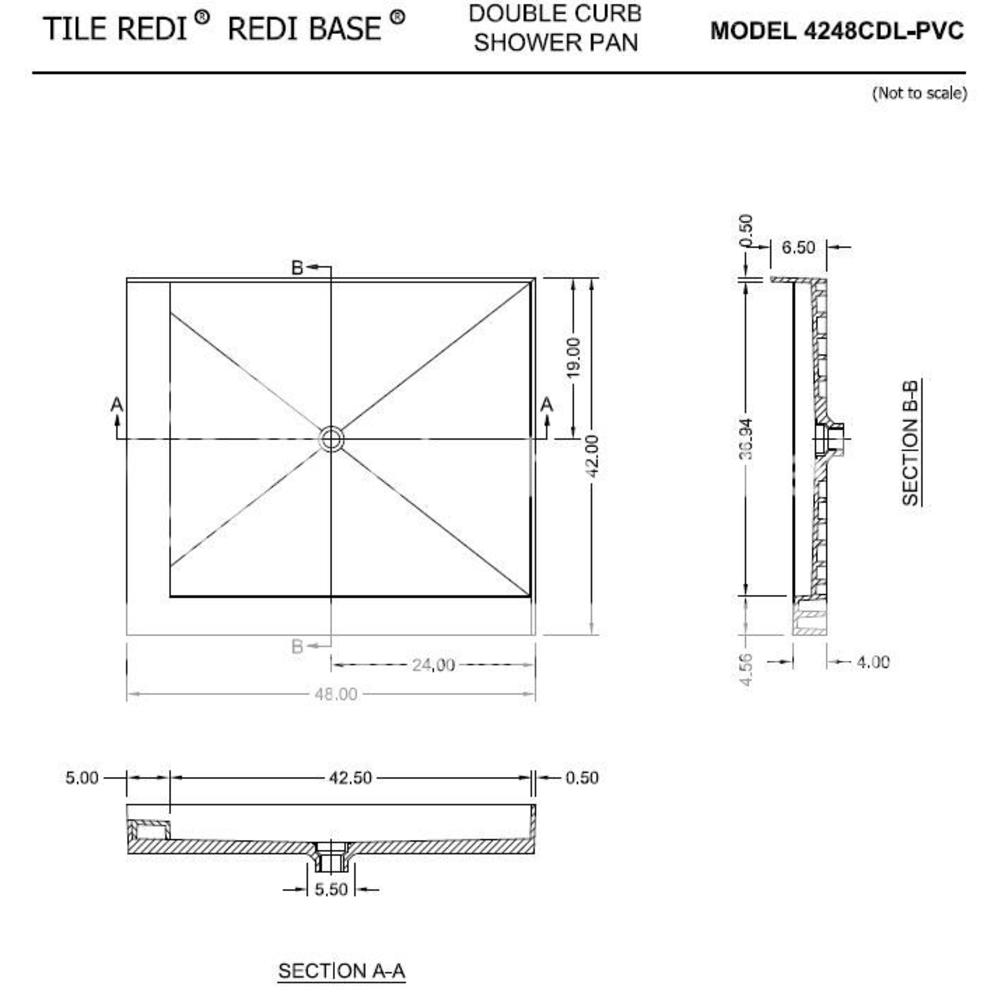 Tile Redi 4248CDL-PVC 42" D x 48" W Double Curb Shower Pan with Center PVC Drain