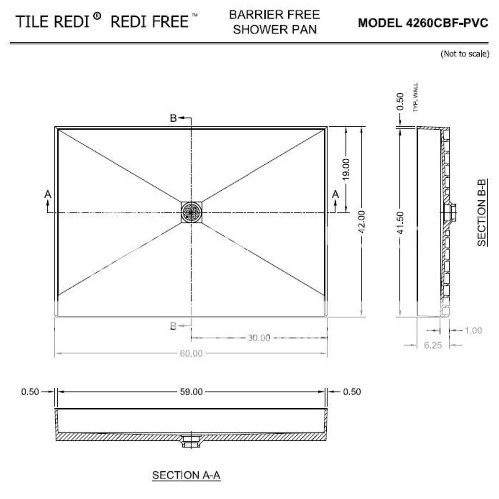 Tile Redi 4260CBF-PVC 42" D x 60" W Curbless Shower Pan with Center PVC Drain