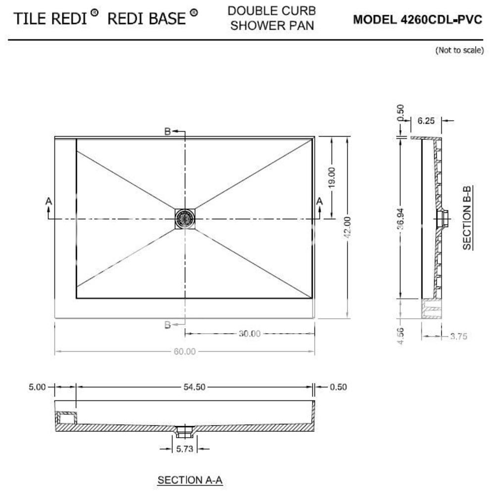 Tile Redi 4260CDL-PVC 42" D x 60" W Double Curb Shower Pan with Center PVC Drain
