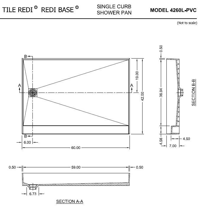 Tile Redi 4260L-PVC 42" D x 60" W Single Curb Shower Pan with Left PVC Drain
