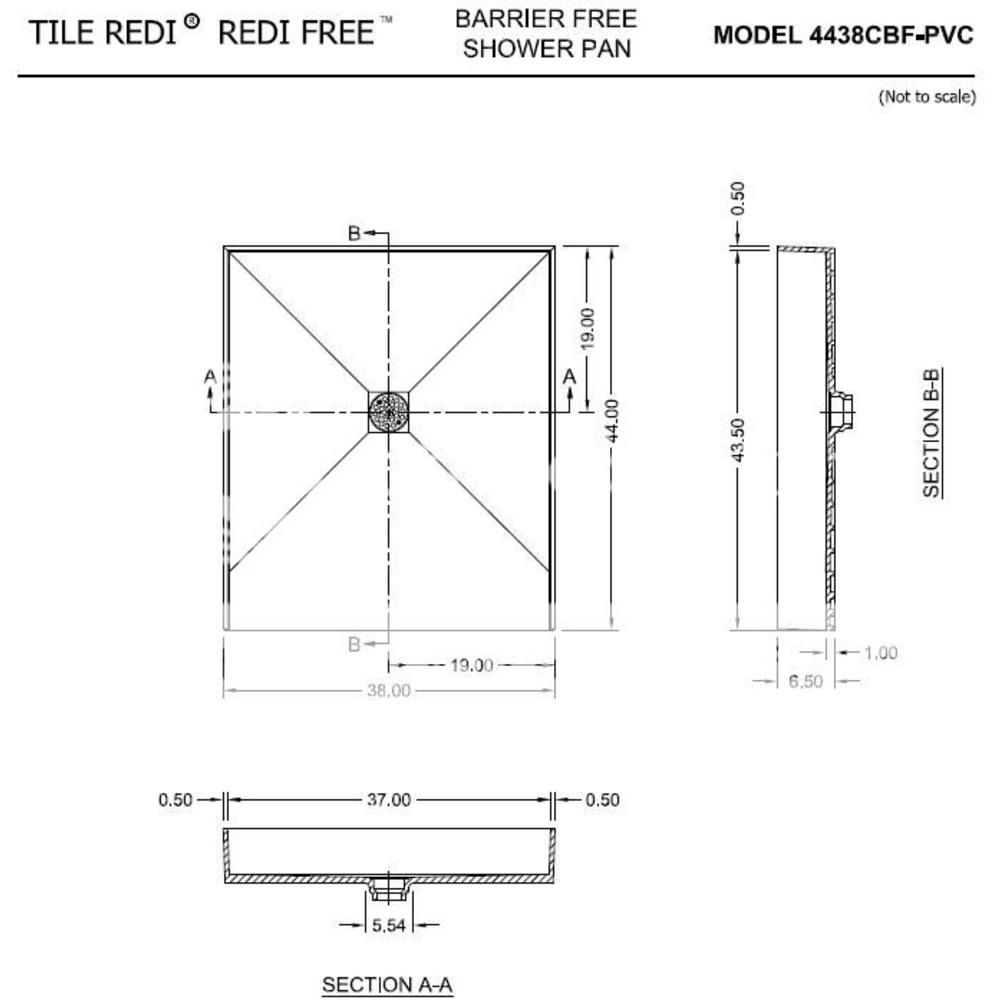Tile Redi 4438CBF-PVC 44" D x 38" W Curbless Shower Pan with Center PVC Drain