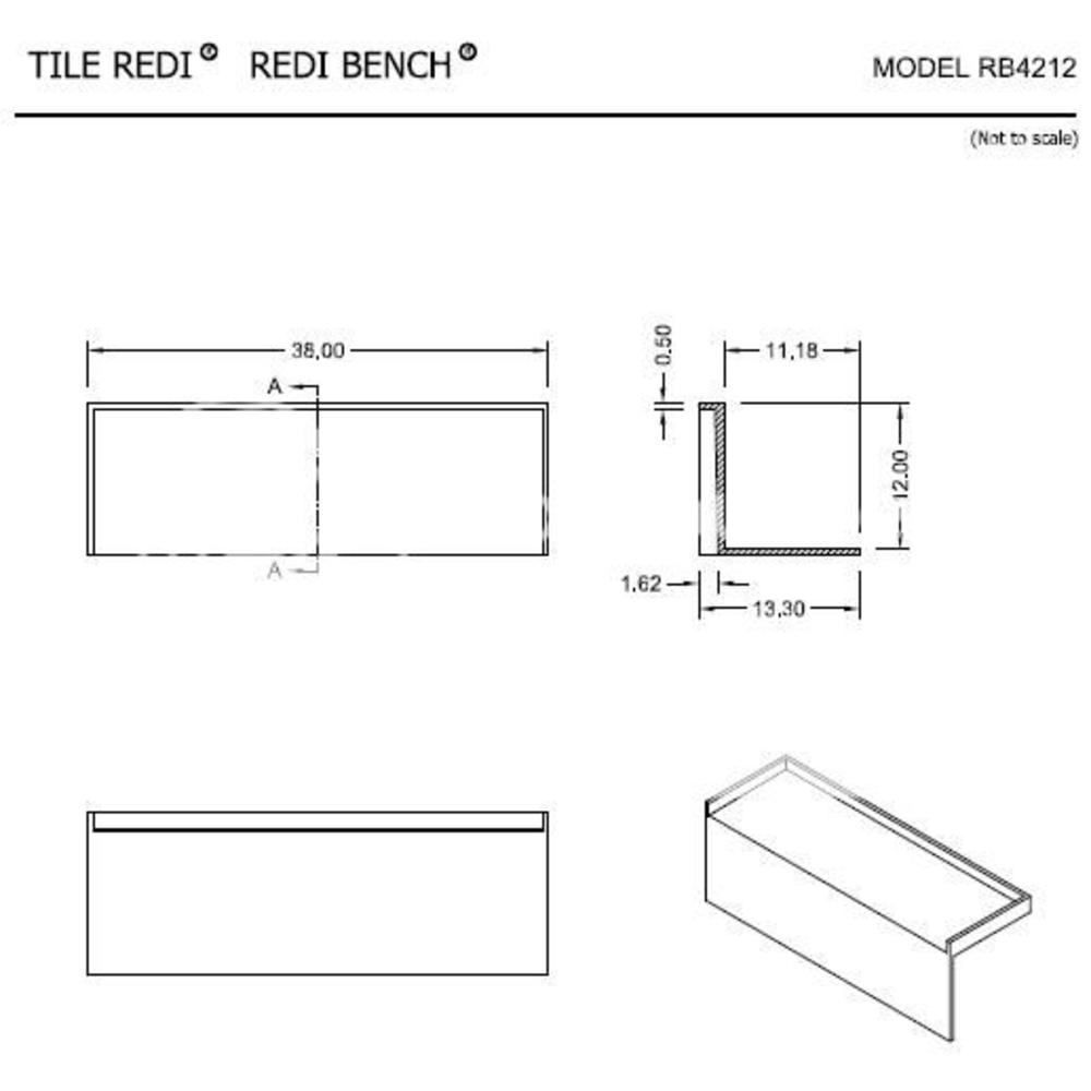 Tile Redi RB4212-KIT Shower Bench 38" L x 12" D x 12" H For 42" D Tile Redi Pan