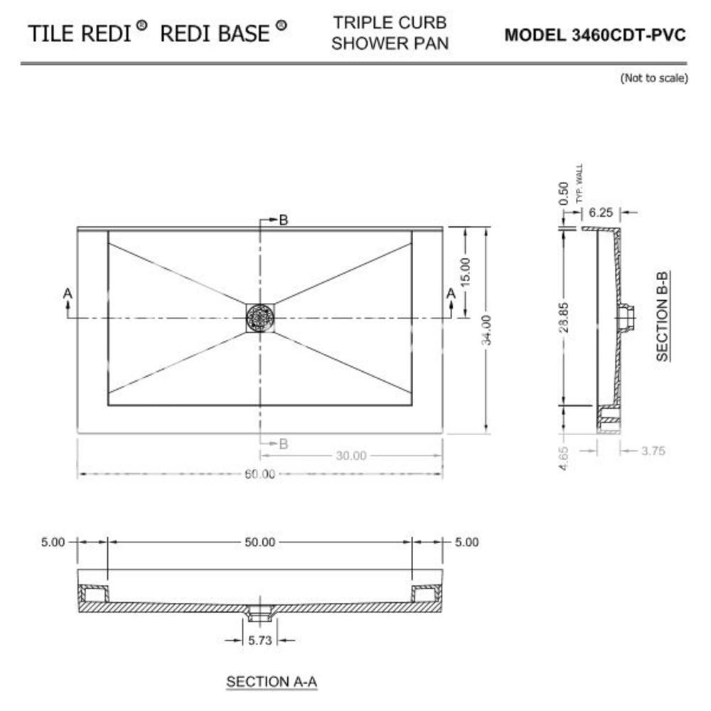 Tile Redi 3460CDT-PVC 34" D x 60" W Triple Threshold Shower Pan with Center PVC Drain