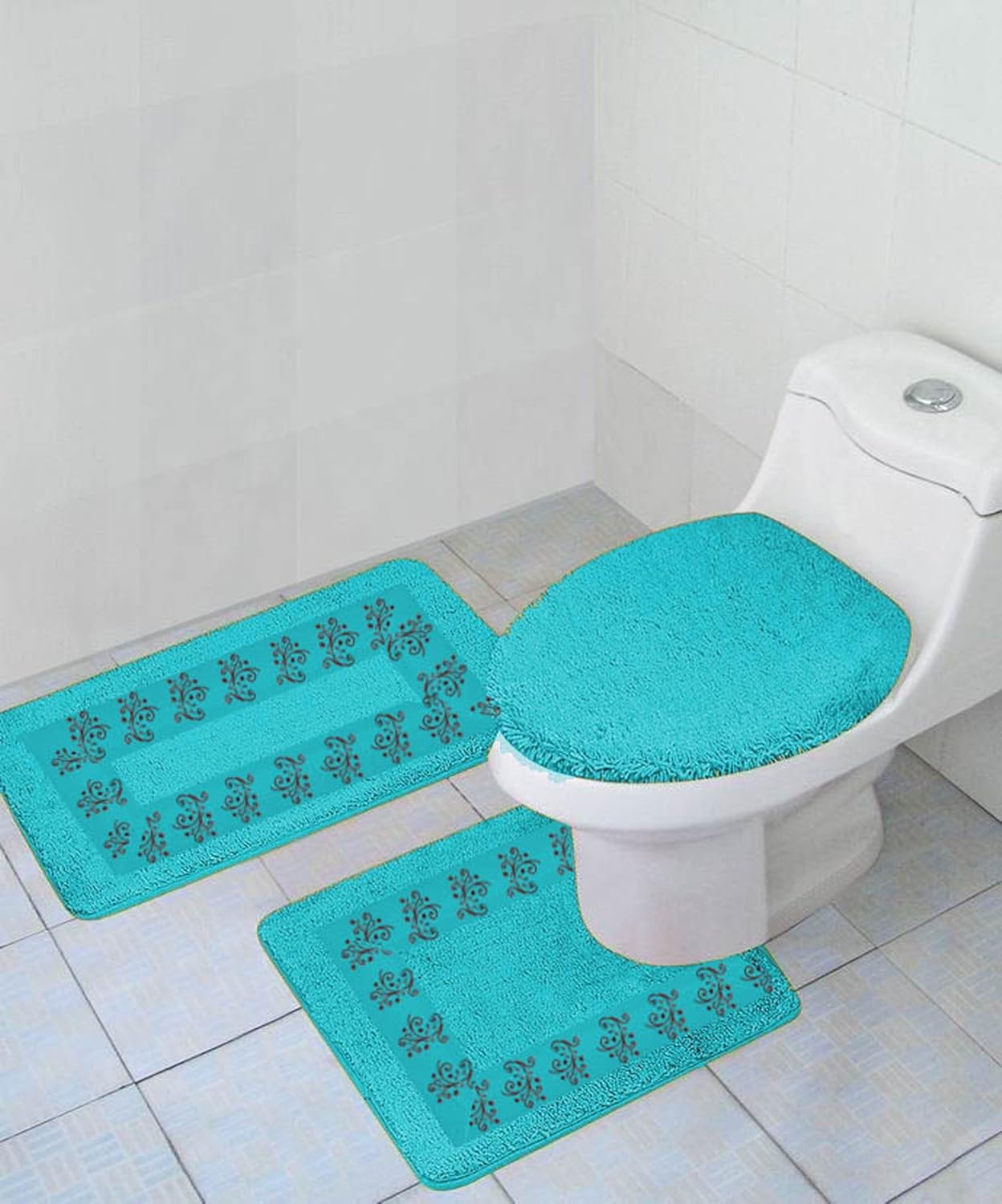 Gorgeous Home Linen Gorgeoushomelinen 3 Pc Aqua Blue Embroidery Gorgeous Home Linen Gorgeoushomelinen 3 Pc Aqua Blue Embroidery Design Bathroom Bath Mat Set Includes 1 Contour Lid Toilet C