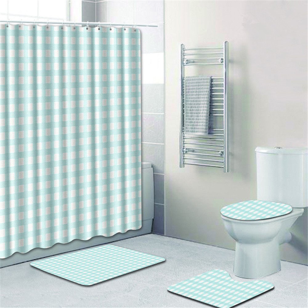 Jenin 5pcs Bath Rug Set Leopard Print Bathroom C 26l Bathroom Sets With Shower Curtain And Rug Blue Checked Print Decor Polyester Fabric Bath