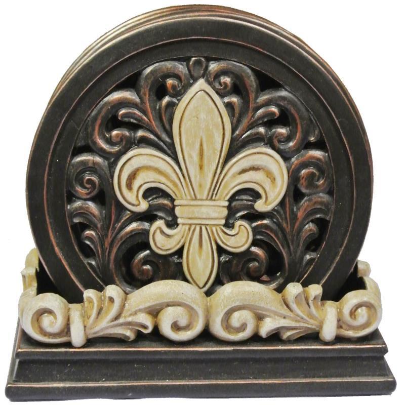 IWGAC Fleur De Lis Carved Scroll Coaster Set 021-12673