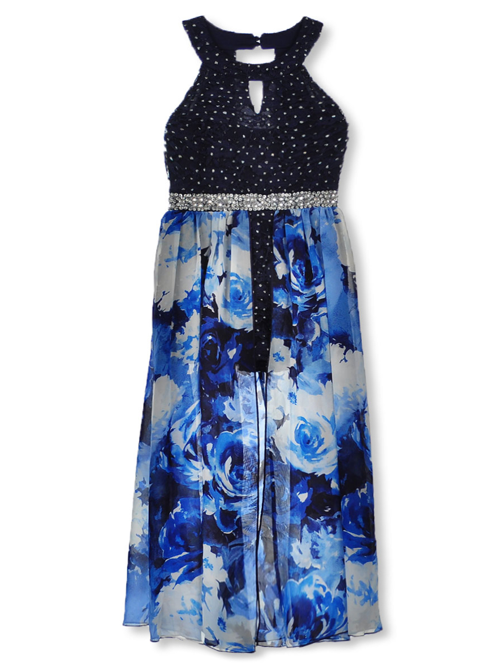 Speechless Girls Bejeweled Waist Floral Walk Thru Dress