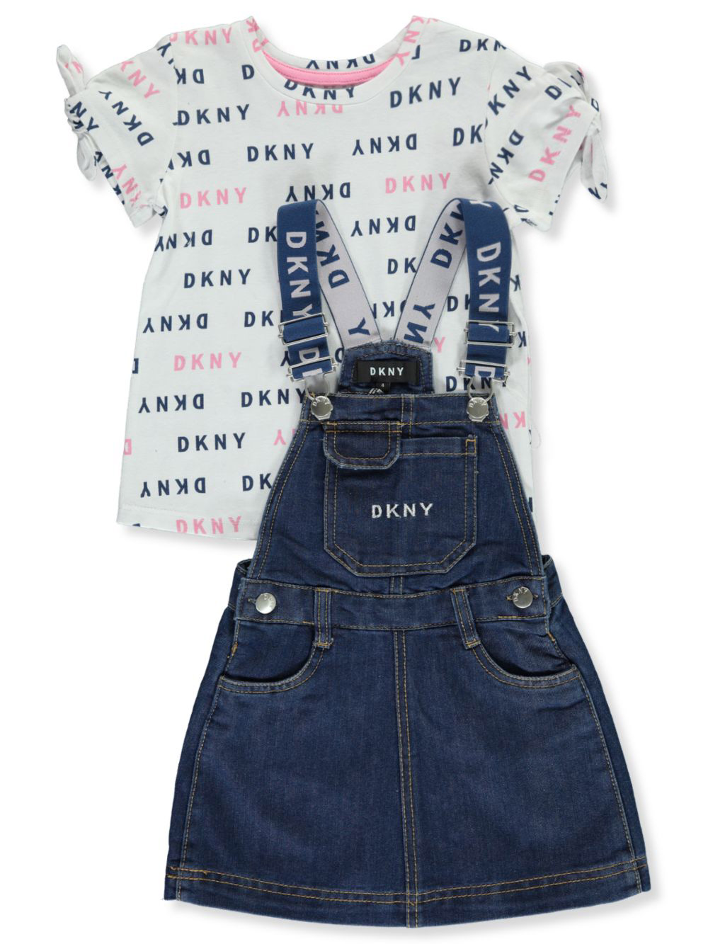 DKNY Girls' Logo Denim 2-Piece Pinafore Jumper Set Outfit