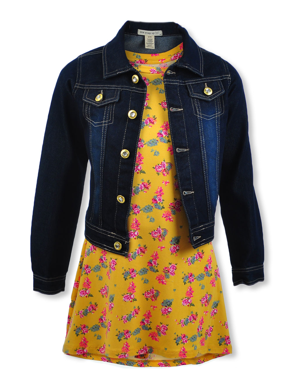 One Step Up Girls 2 Piece Floral Dress Denim Jacket Set