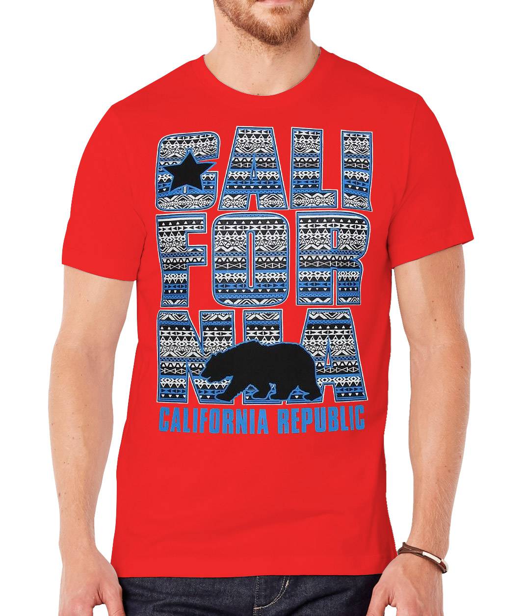 Gravity Trading Men's California Republic Blue Tribal Pattern Black T-Shirt