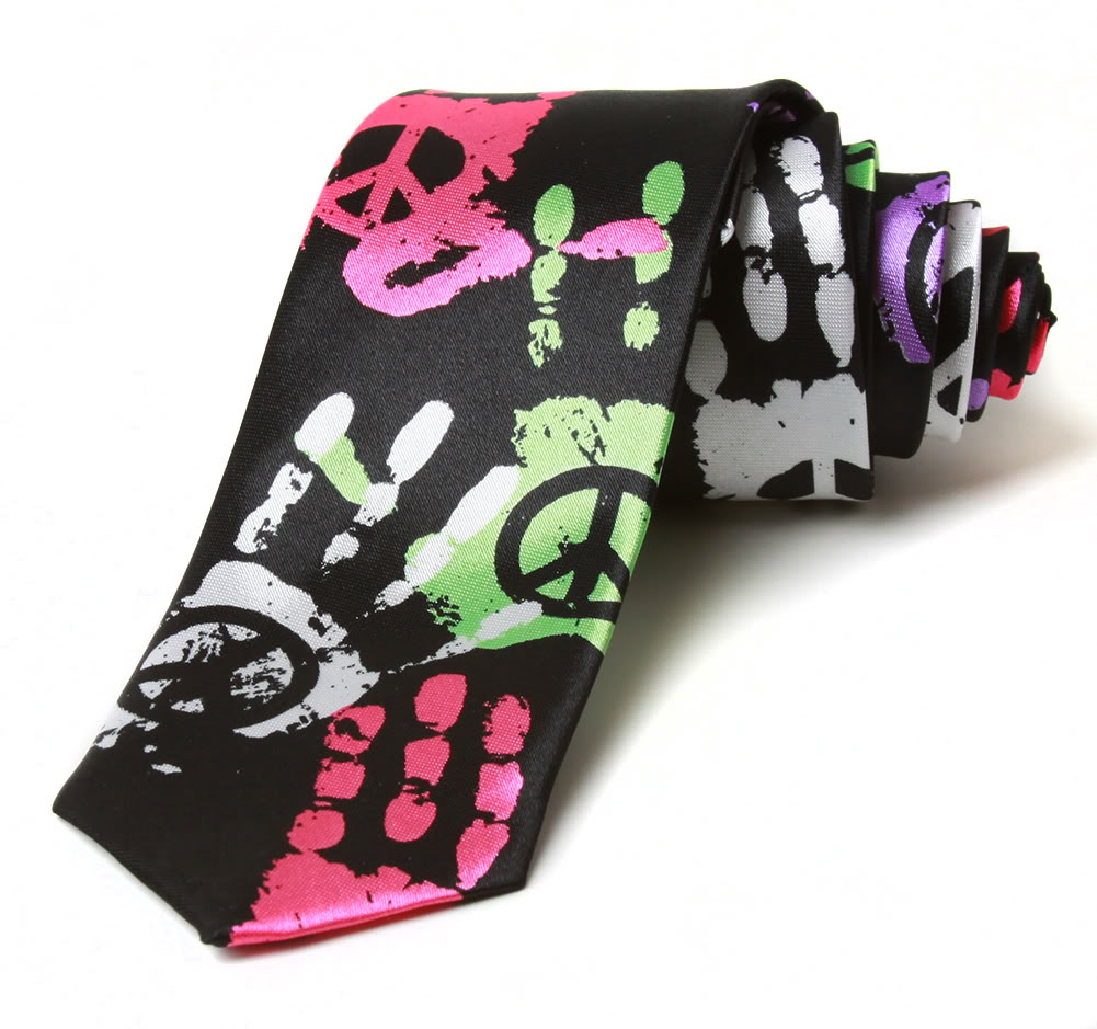 Coool 2' Trendy Skinny Tie  - Black Mulitcolored Peacesign Handprint