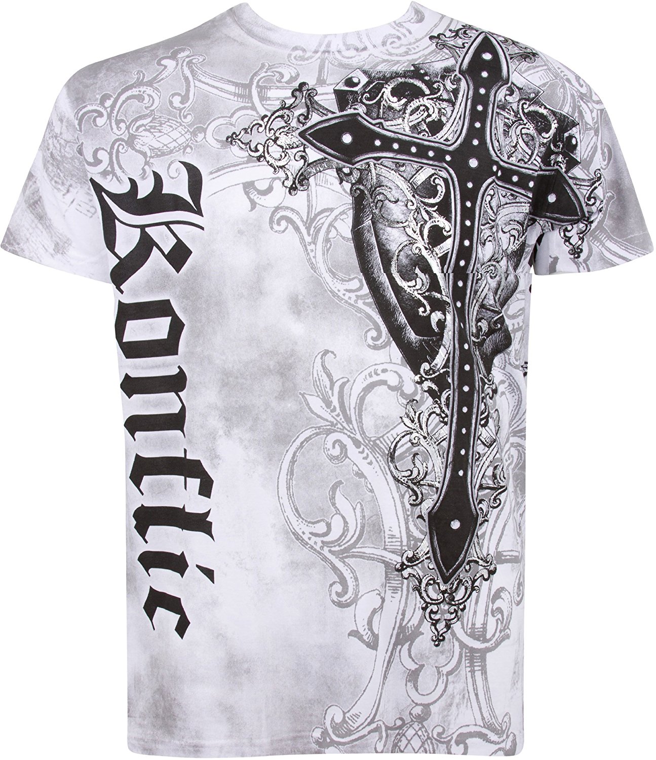 Konflic Cross Metallic Silver Accents Short Sleeve Crew Neck Mens Fashion T- Shirt