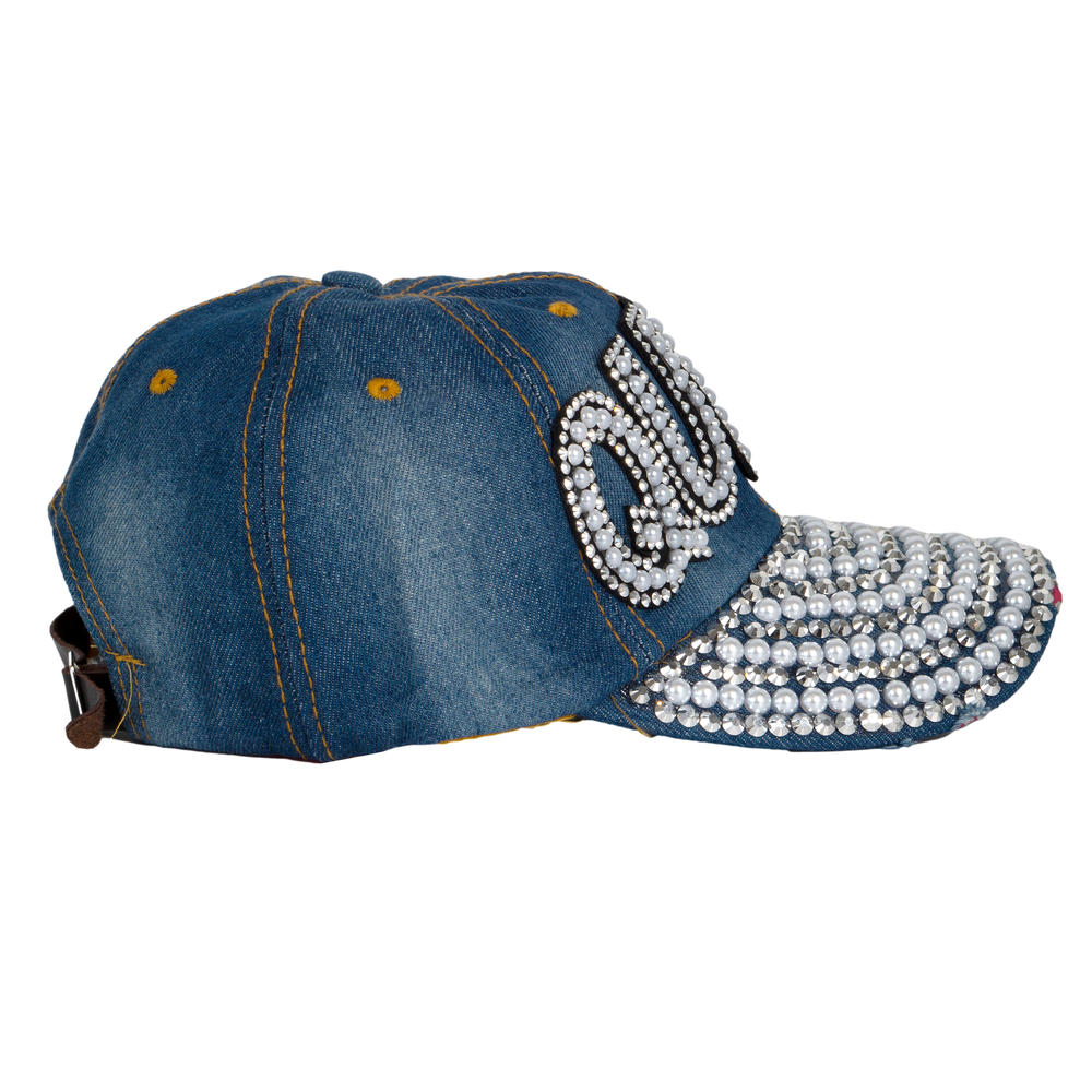 Top Headwear Queen Pearl and Rhinestone Distressed Denim Baseball Cap