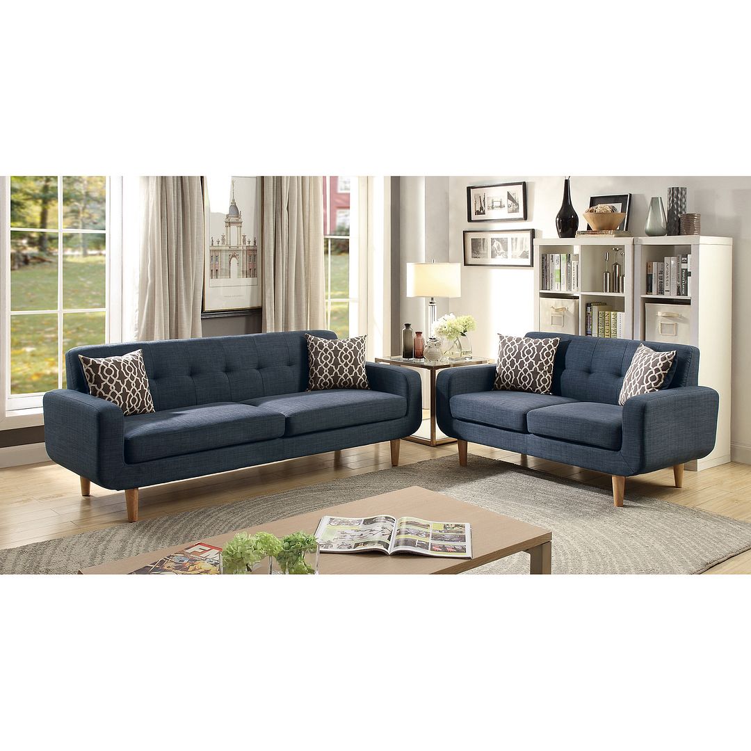 Poundex 2 Pieces Dark Blue Dorris Fabric Sofa Loveseat Set