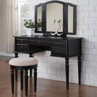 Poundex Tri Folding Mirror Black Wood Vanity Set Make Up Table Poundex Tri Folding Mirror Black Wood Vanity Set Make Up Table Dresser With Stool 5 Drawers