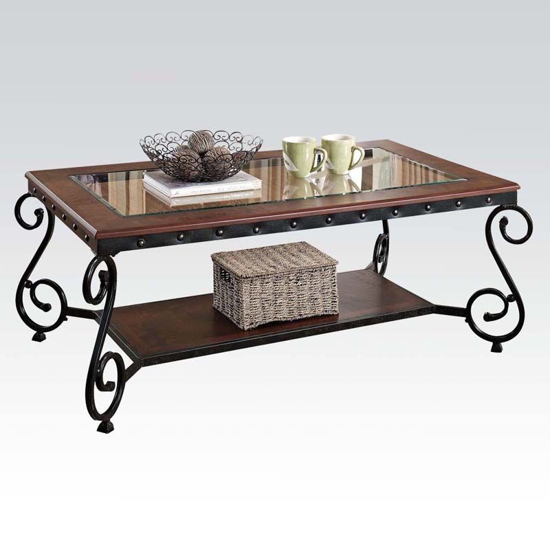 Gl Top Metal Frame Coffee Tables Acme Furniture Waneta Cherry Beading Design Metal Frame Gl Top Wood Shelf Coffee Table
