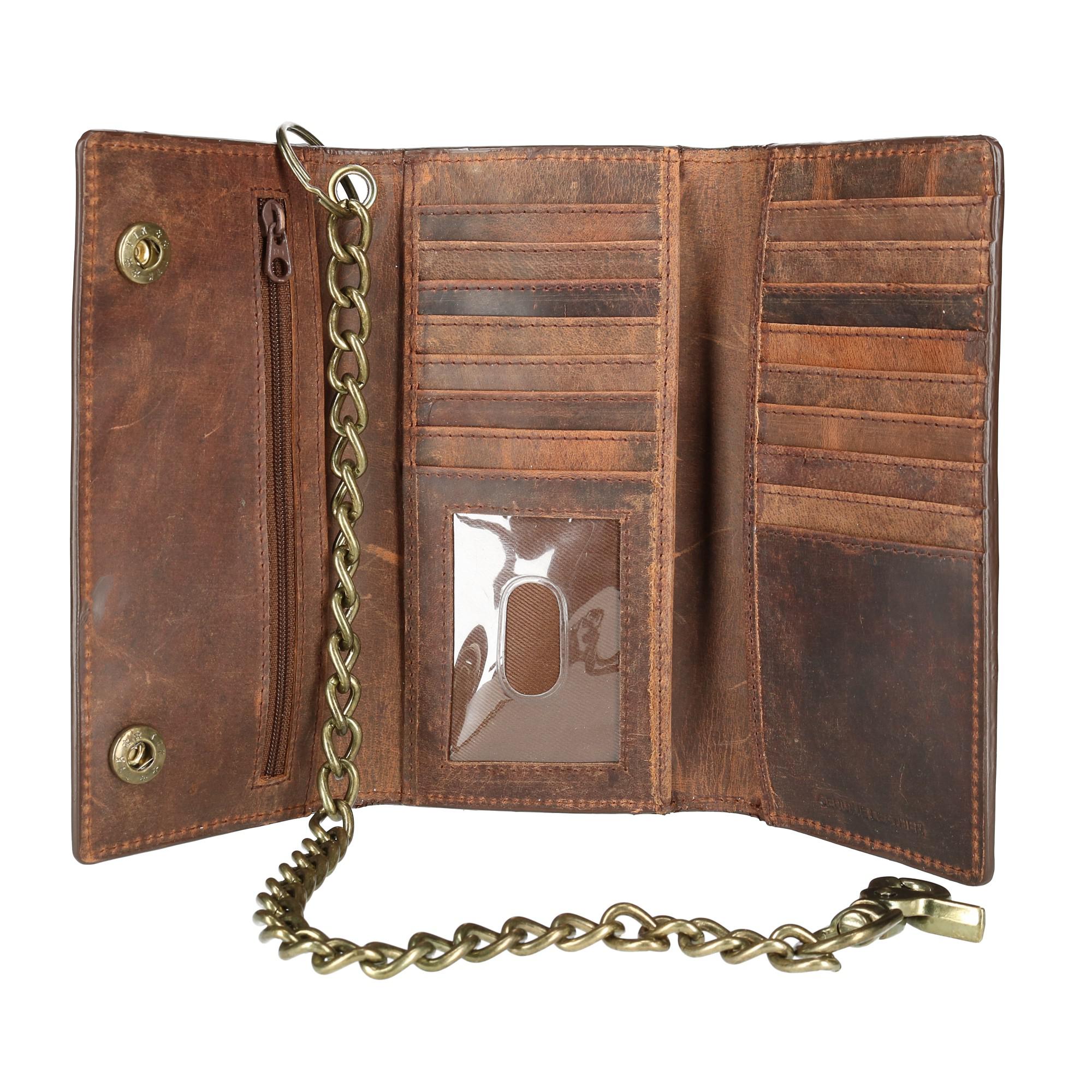 CTM Men&#39;s Crazy Horse Leather RFID Long Trifold Chain Wallet