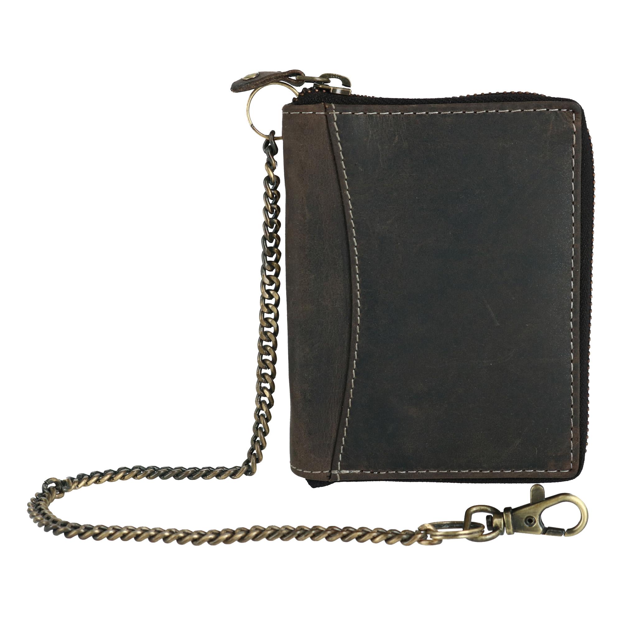 CTM Men&#39;s Hunter Leather Zip-Around Bifold Chain Wallet