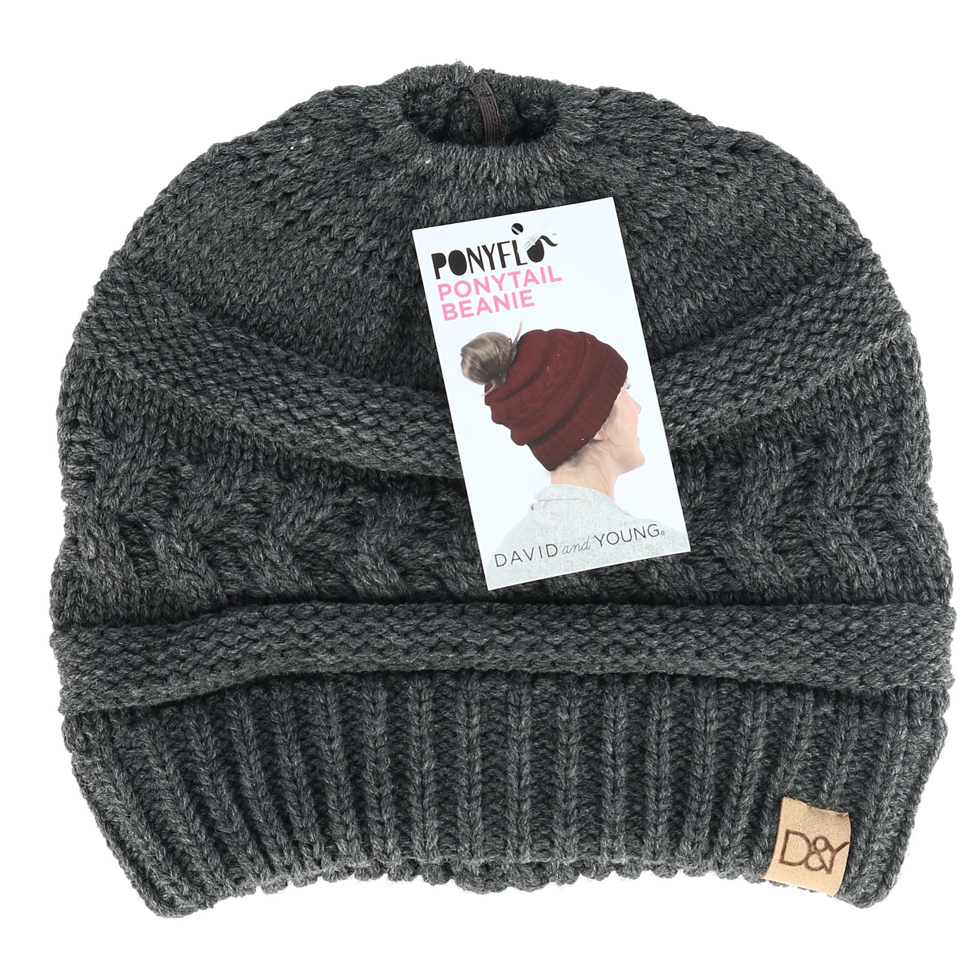 David & Young Women's Cable Knit Slinky Ponytail Beanie Hat