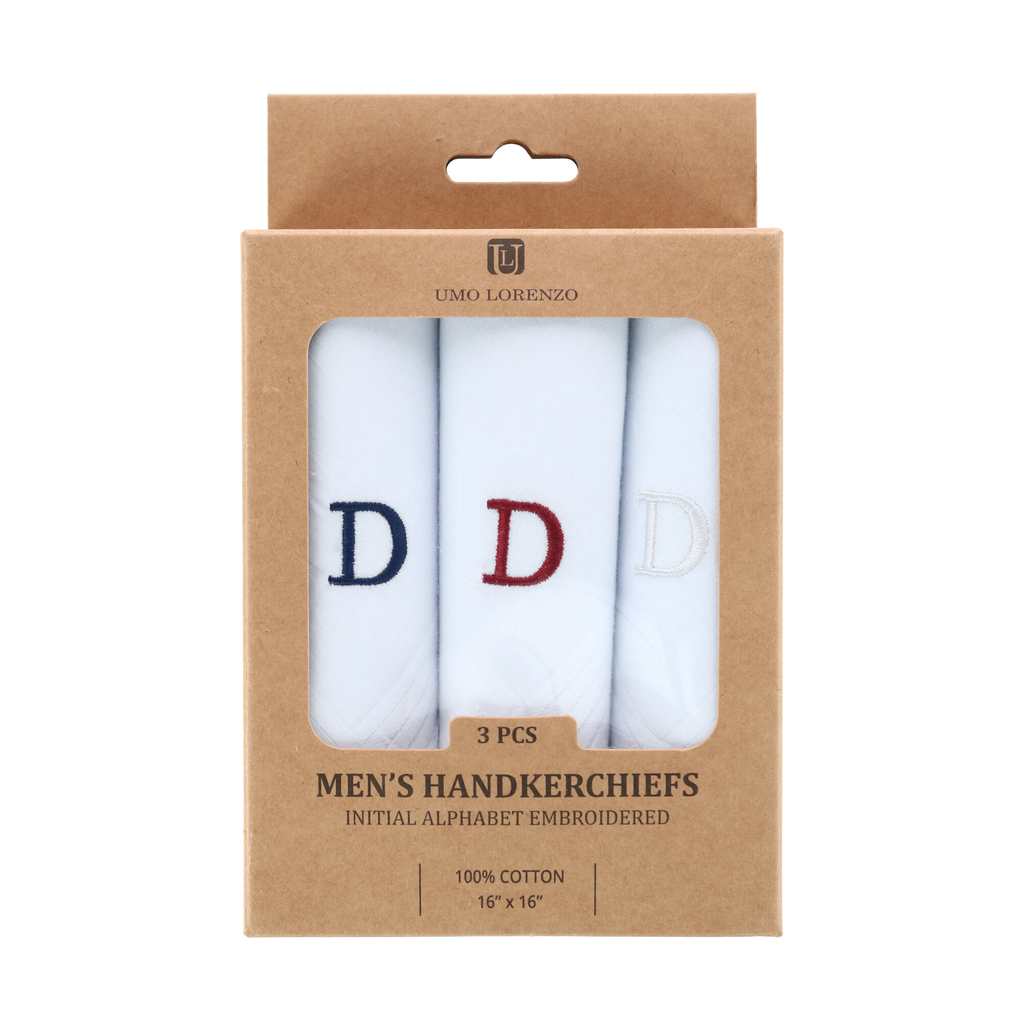 UMO LORENZO Men's Cotton Boxed Initial Alphabet Handkerchiefs (Pack of 3)