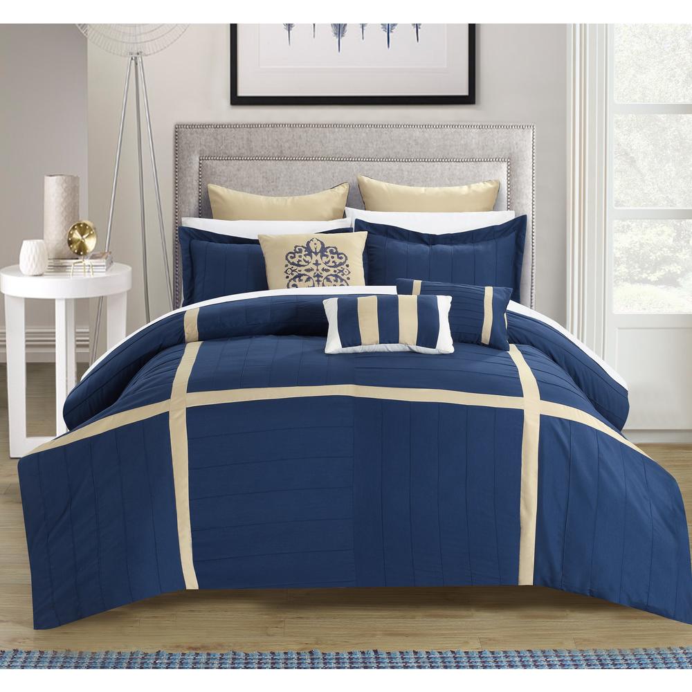 Chic Home Vera 8 Piece Pleated Patchwork Color Blocks Oversized & Overfilled Queen Non Kit Comforter Navy