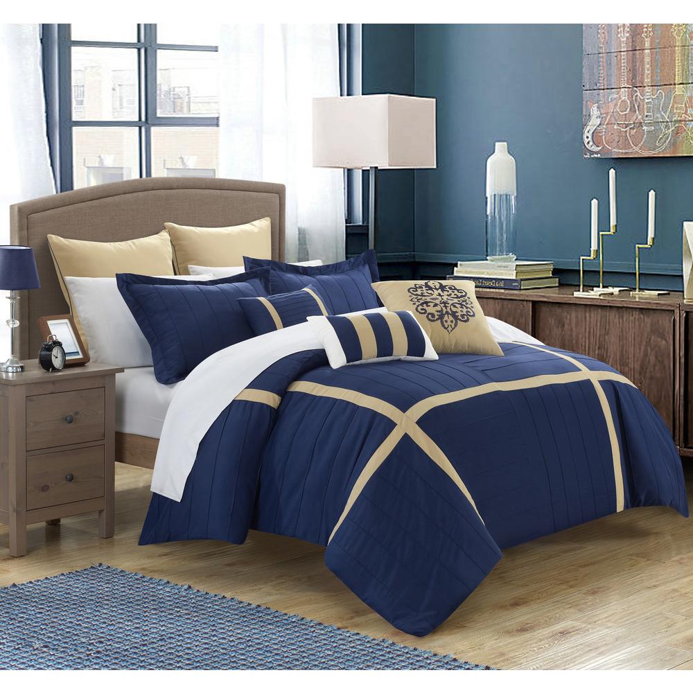 Chic Home Vera 8 Piece Pleated Patchwork Color Blocks Oversized & Overfilled Queen Non Kit Comforter Navy