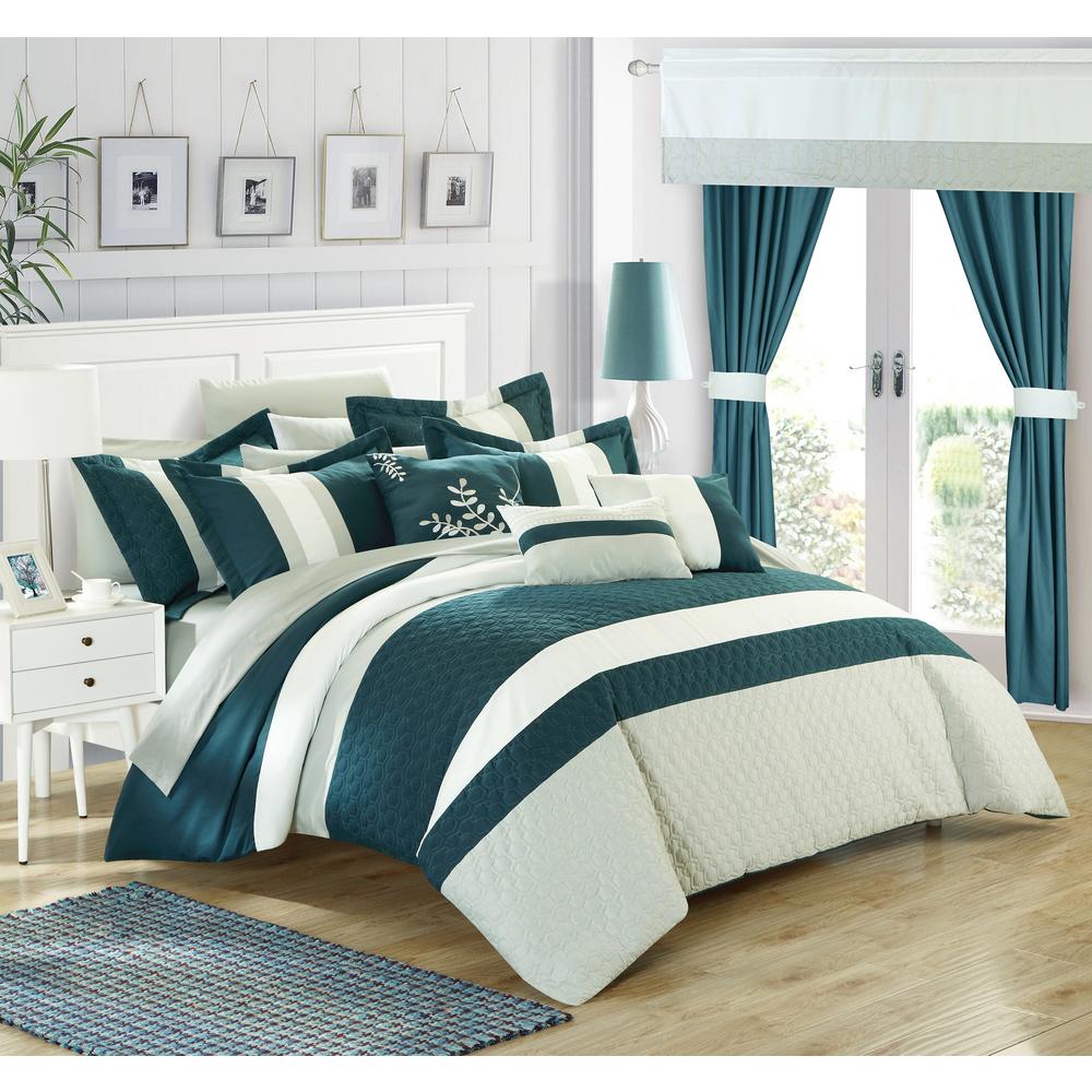 Chic Home Covington 24 Piece Complete Bedroom Set with Color Block pattern. decor pillows, window treatments Queen Non Kit Comforter Teal