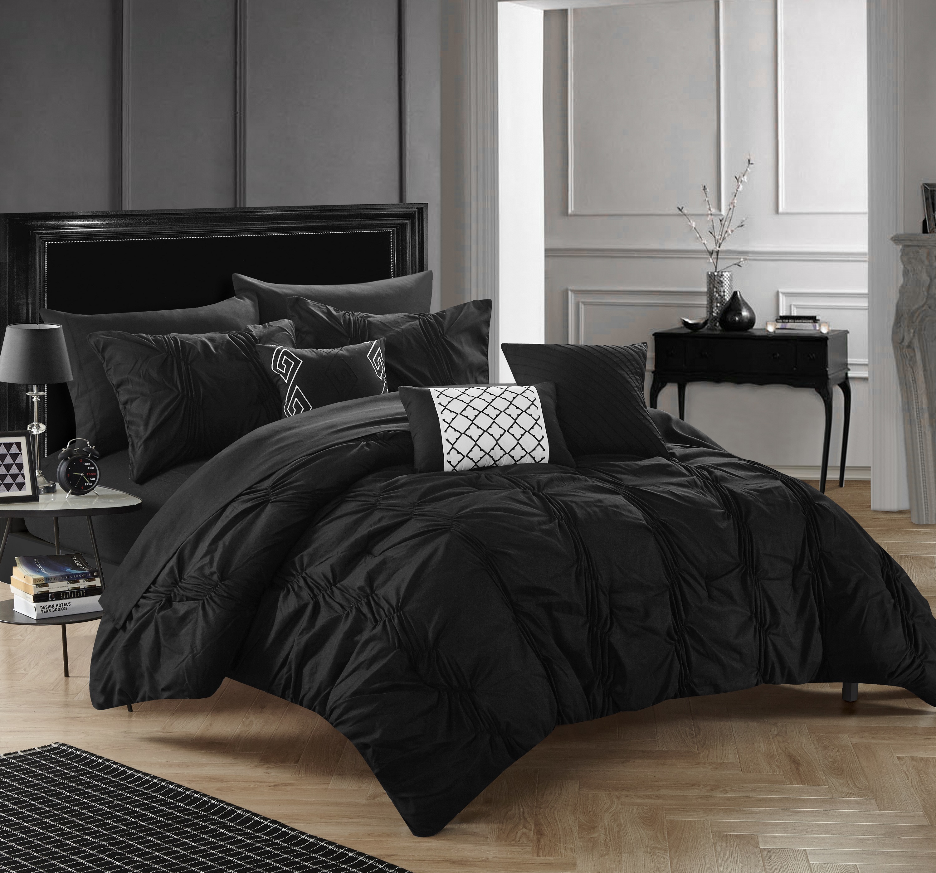 Chic Home Tori 10 Piece Pinch Pleated, ruffled and pleated complete King Comforter Set Black