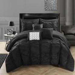 Chic Home Tori 10 Piece Pinch Pleated, ruffled and pleated complete King Comforter Set Black