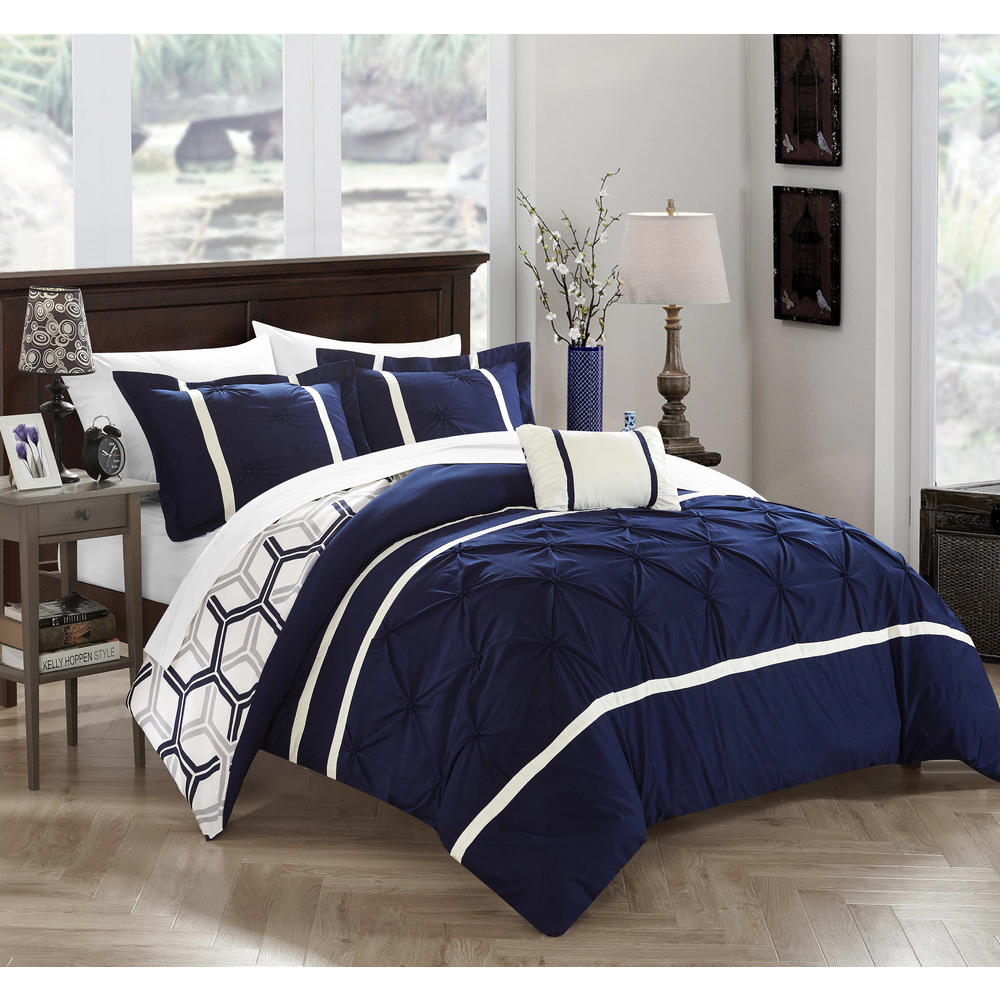 Chic Home Marcia 8 Piece Pinch Pleated Ruffled and Reversible Geometric Design Printed Full/Queen Comforter Set, Bed-In-a-Bag Navy