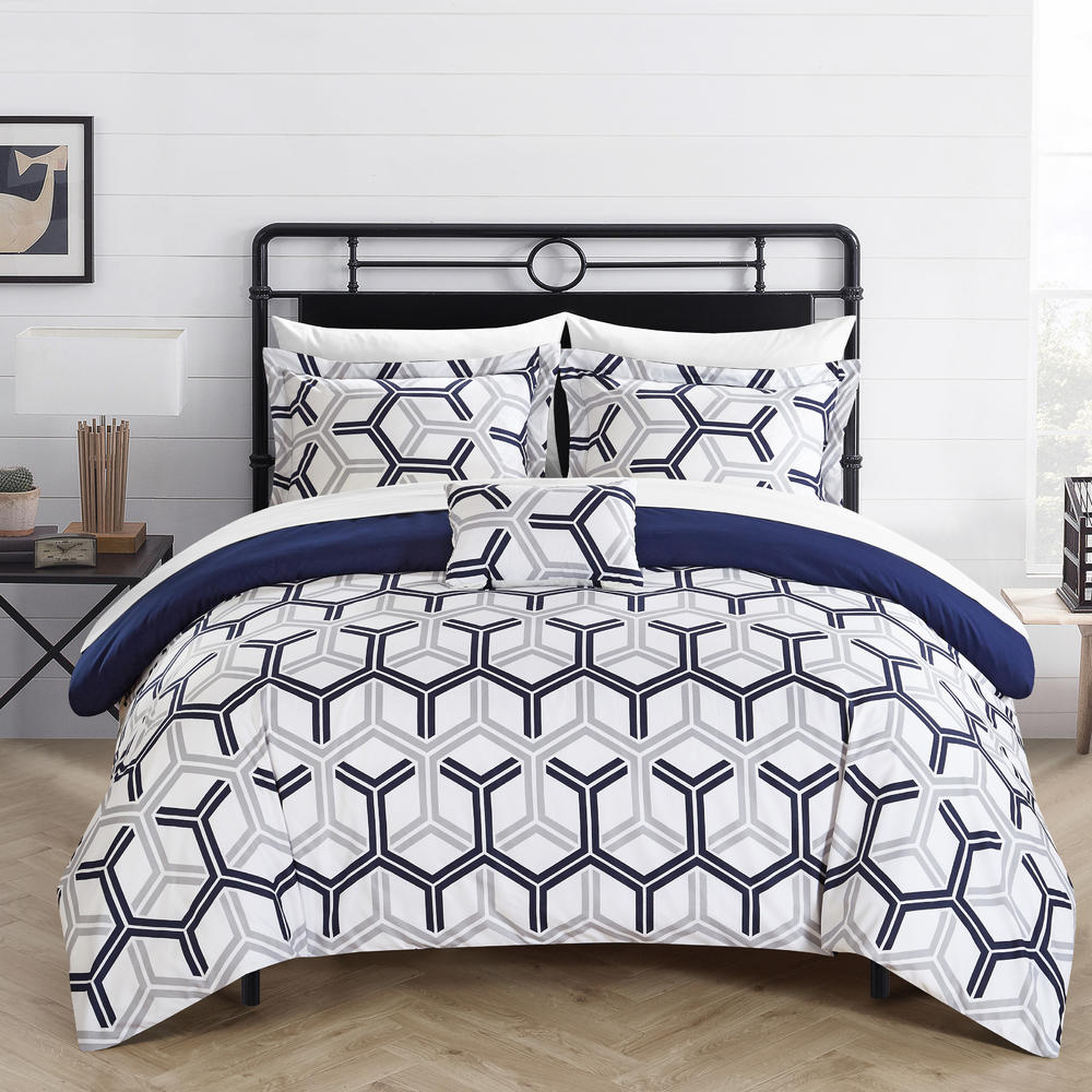 Chic Home Marcia 8 Piece Pinch Pleated Ruffled and Reversible Geometric Design Printed Full/Queen Comforter Set, Bed-In-a-Bag Navy