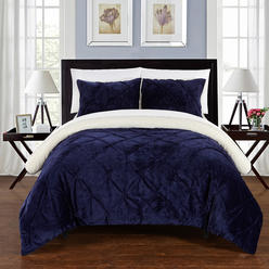Chic Home Josepha 3 Piece Pinch Pleated Ruffled and Pintuck Sherpa Lined King Comforter Set Navy